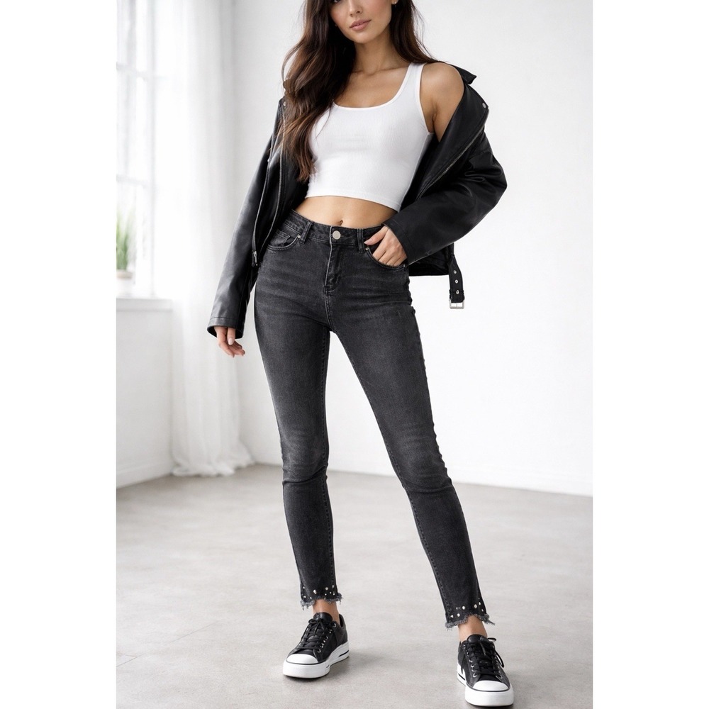 Black Skinny Jeans Studded Raw Hem Moto Punk Grunge Skater Rock Chic Edgy 27 Y2K